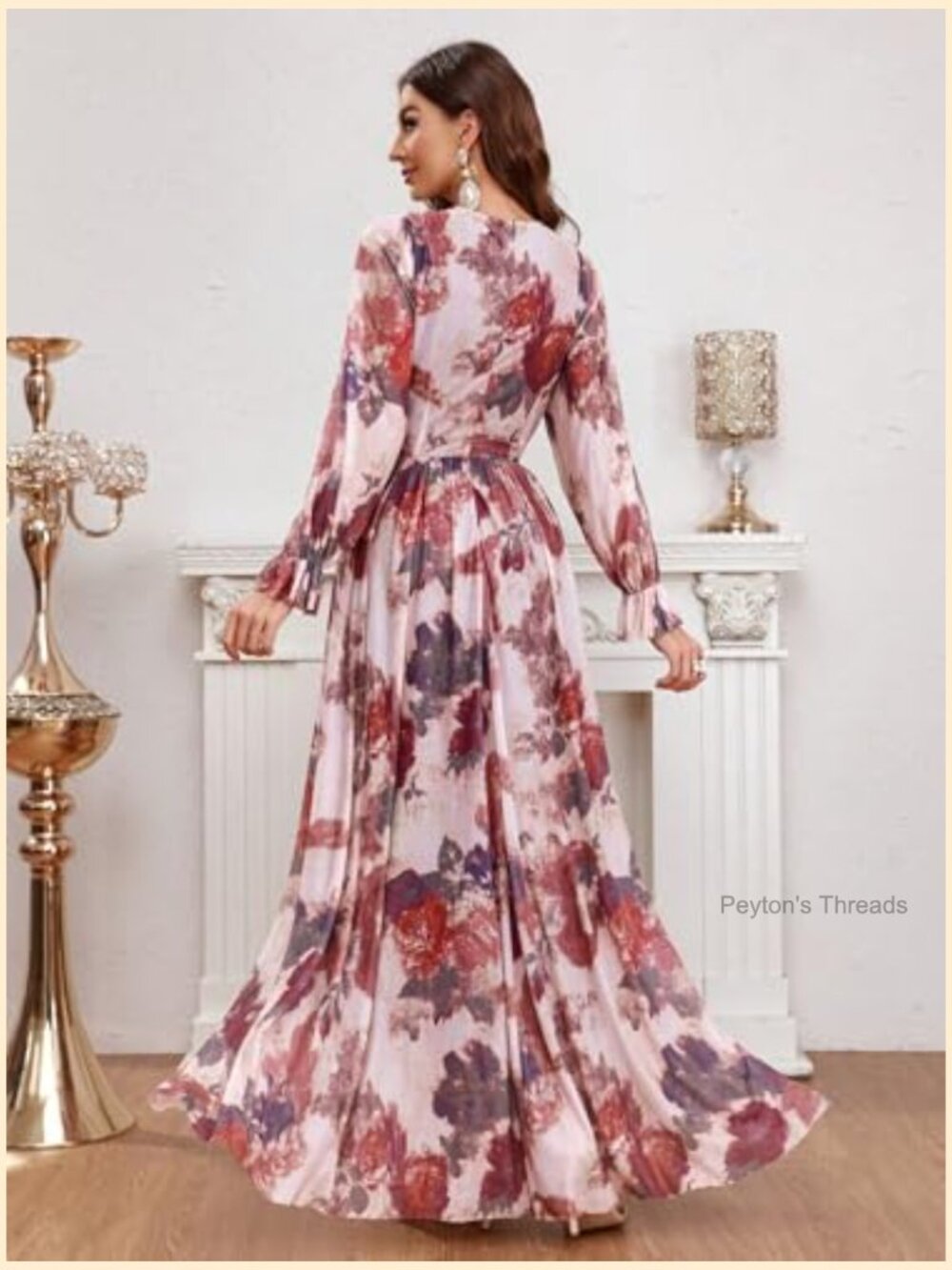 Bohemian V Neck Long Sleeve Ruffle Floral Maxi Dress - Summer - Picture 2 of 6
